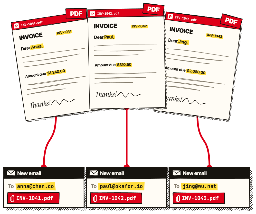 Personalized PDF invoices, each attached to its own email
